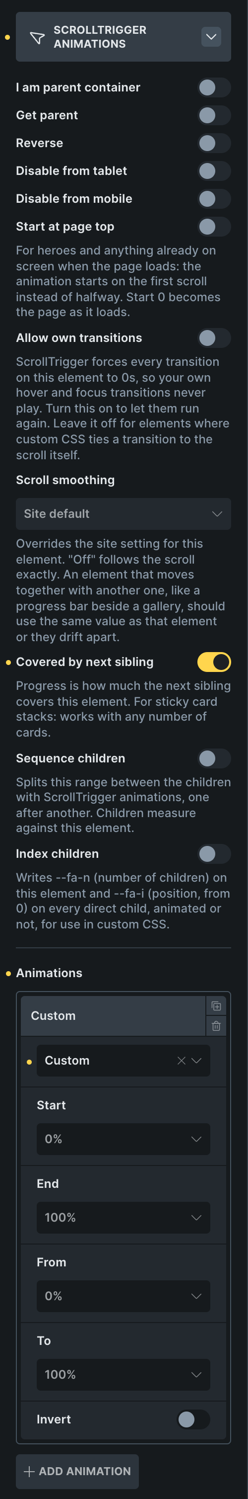 The ScrollTrigger Animations panel with Sequence children and Covered by next sibling
