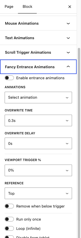 The Fancy panels in the block editor sidebar, under the Block tab