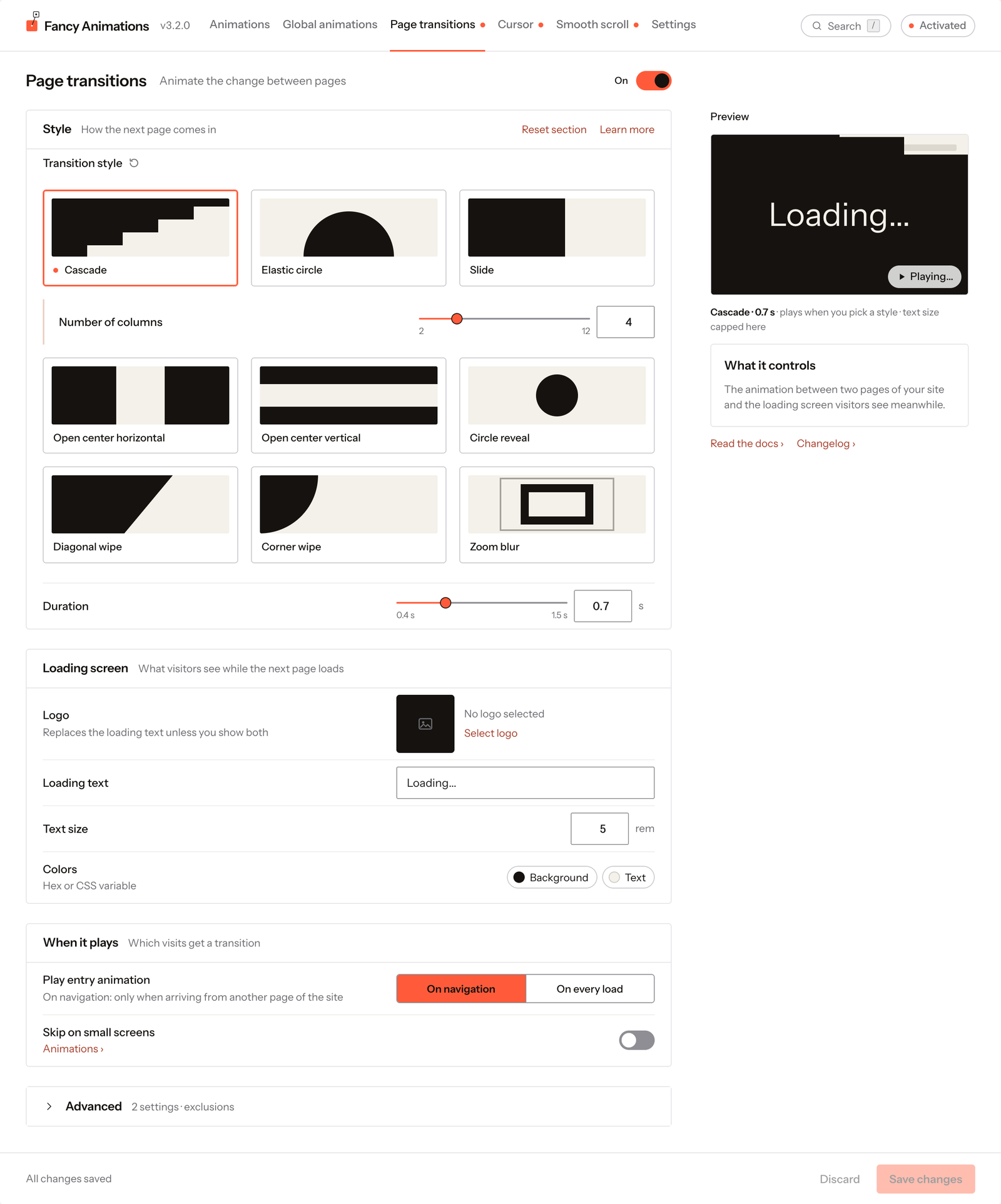 The Page transitions screen