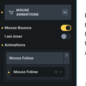 El panel Mouse Animations en Bricks