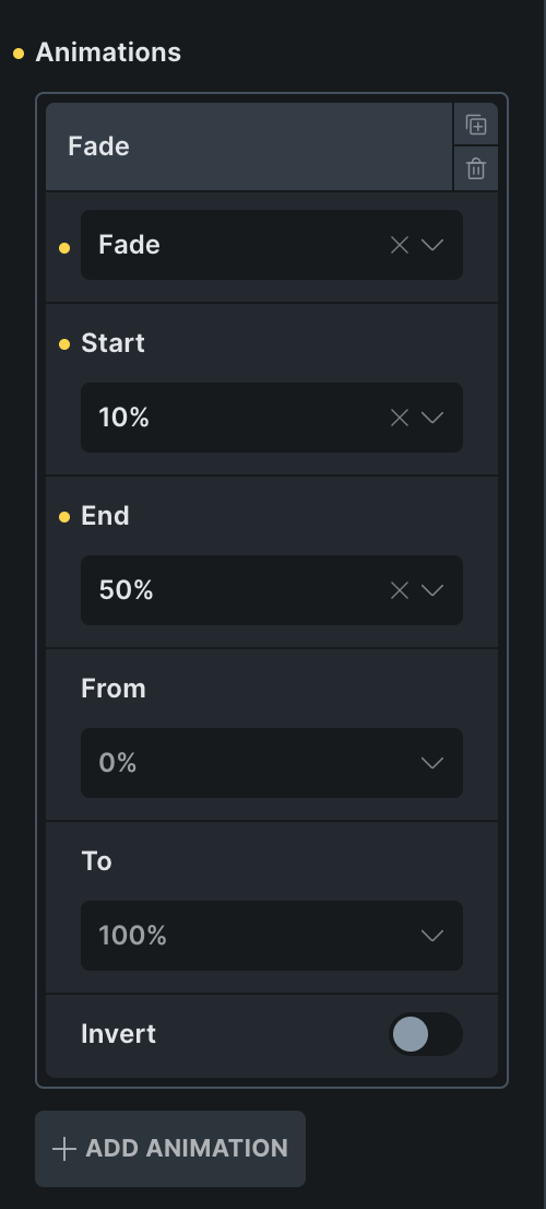 Una fila de animación: preset, Start, End, From, To e Invert