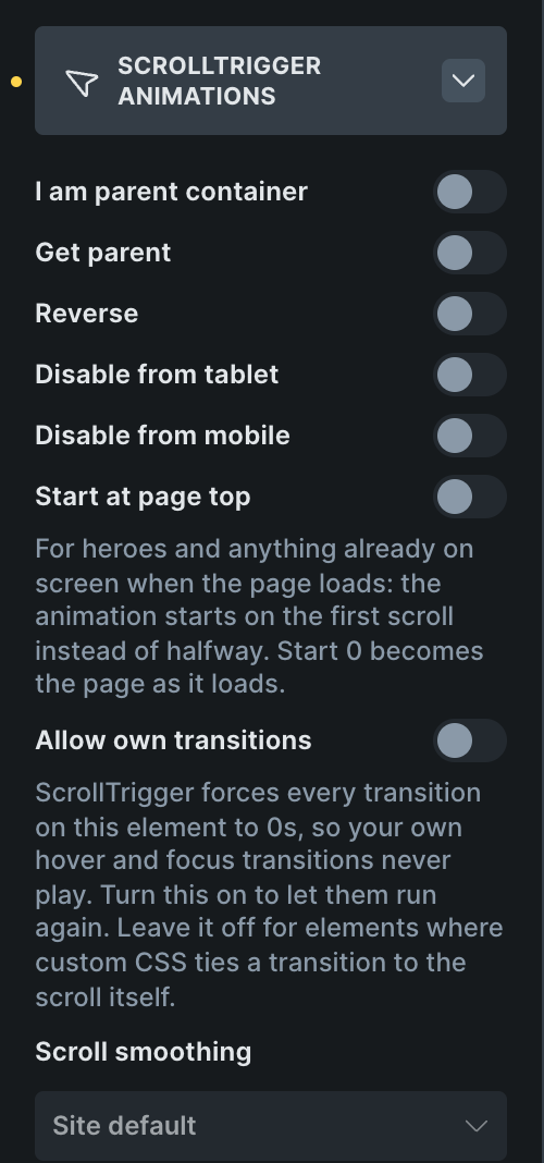 El panel ScrollTrigger Animations en Bricks: los ajustes del elemento arriba
