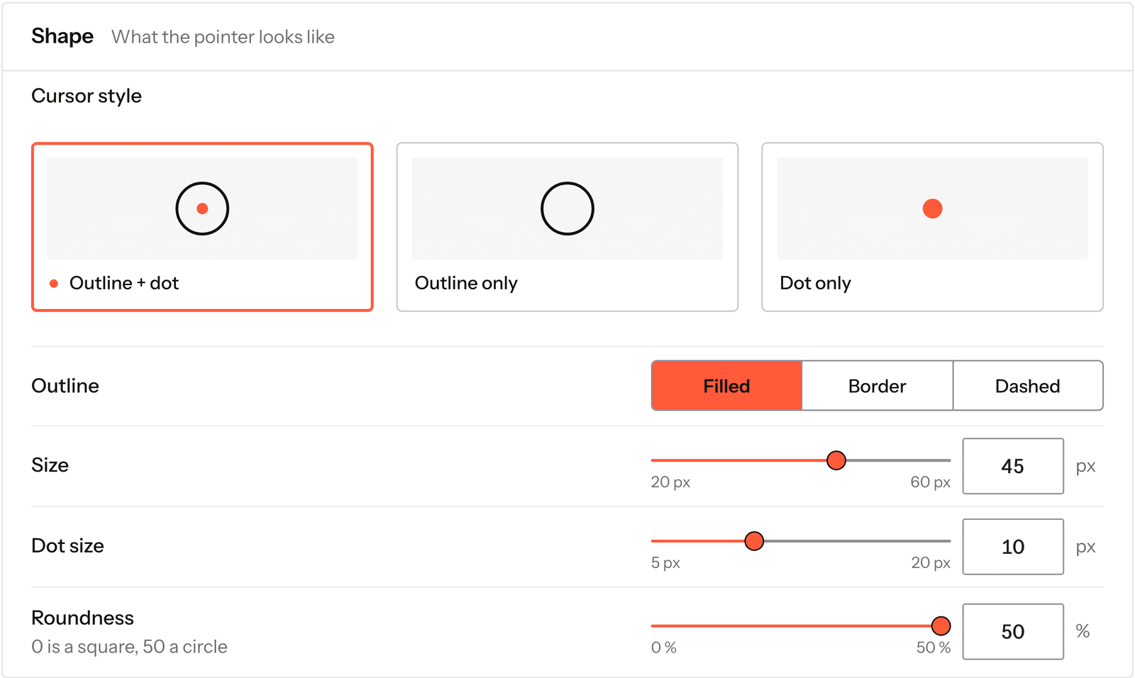 The Custom cursor settings screen in WordPress