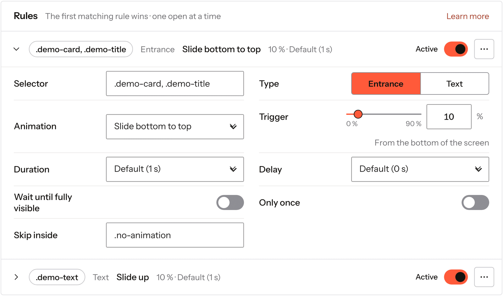 The Global animations screen with one rule open