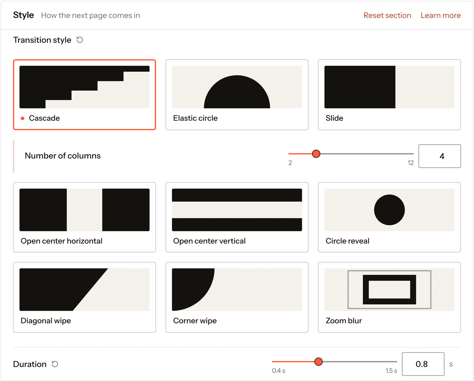 The Page transitions settings screen in WordPress