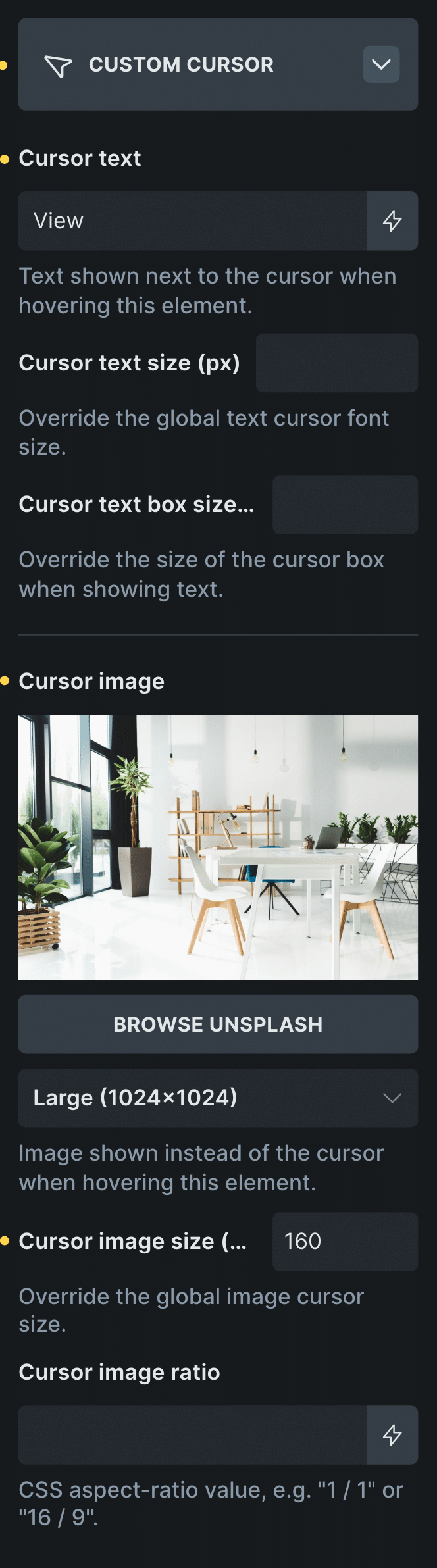 The Custom Cursor panel of an element in Bricks, with a cursor text and a cursor image
