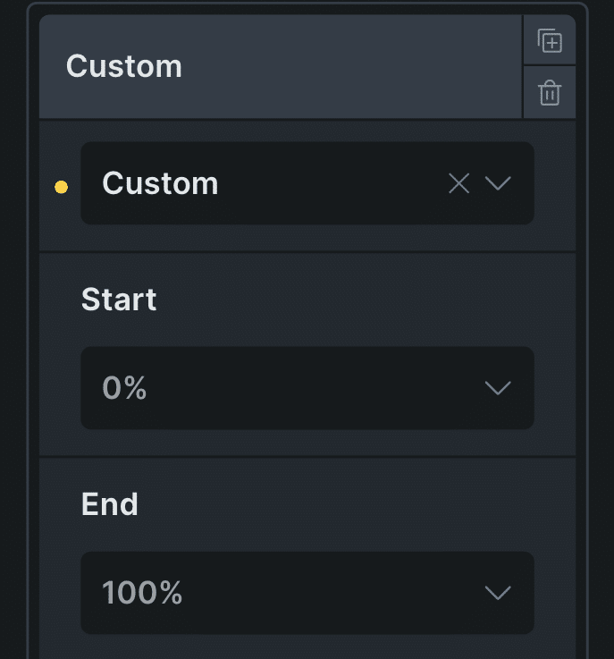 The Custom row of the ScrollTrigger panel in Bricks, with Start 0% and End 100%
