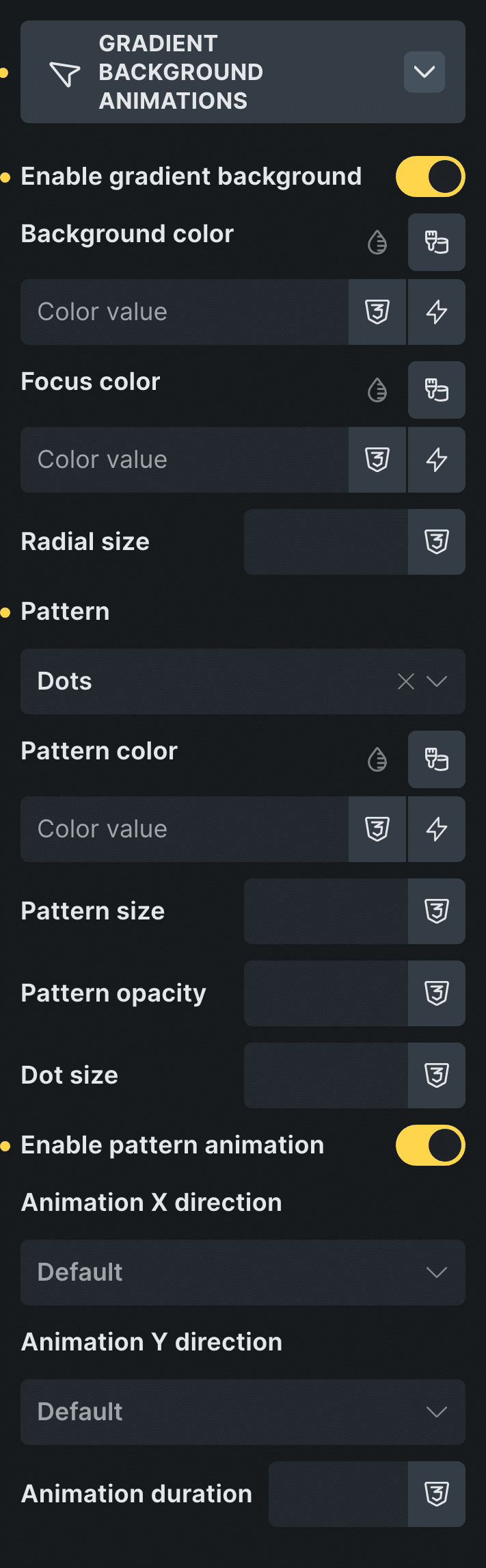 The Gradient background animations panel in Bricks, in Bricks’ own colors