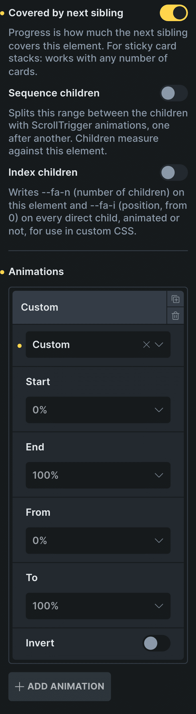 The ScrollTrigger Animations panel in Bricks with Covered by next sibling on and a Custom row with no Start or End