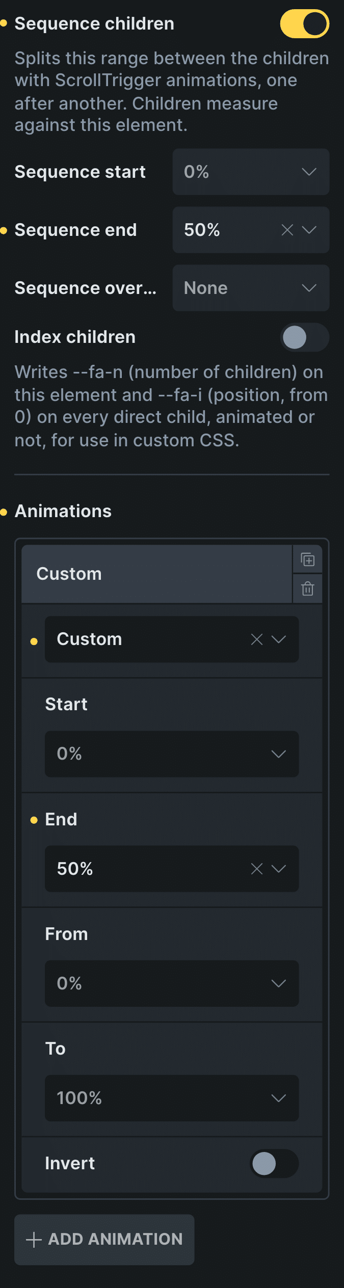 The ScrollTrigger Animations panel in Bricks with Sequence children on, Sequence end 50%, and a Custom row with End 50%