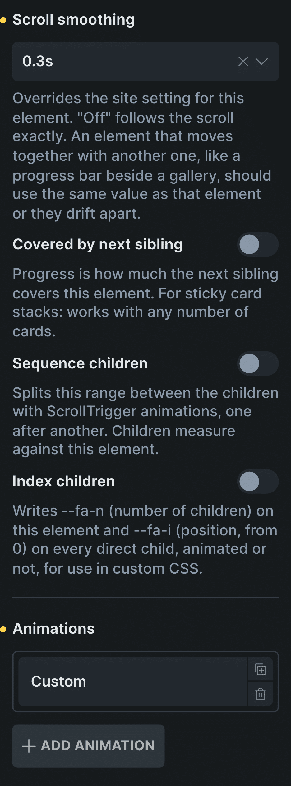 The ScrollTrigger Animations panel in Bricks with Scroll smoothing 0.3s and one Custom row, with no Start or End