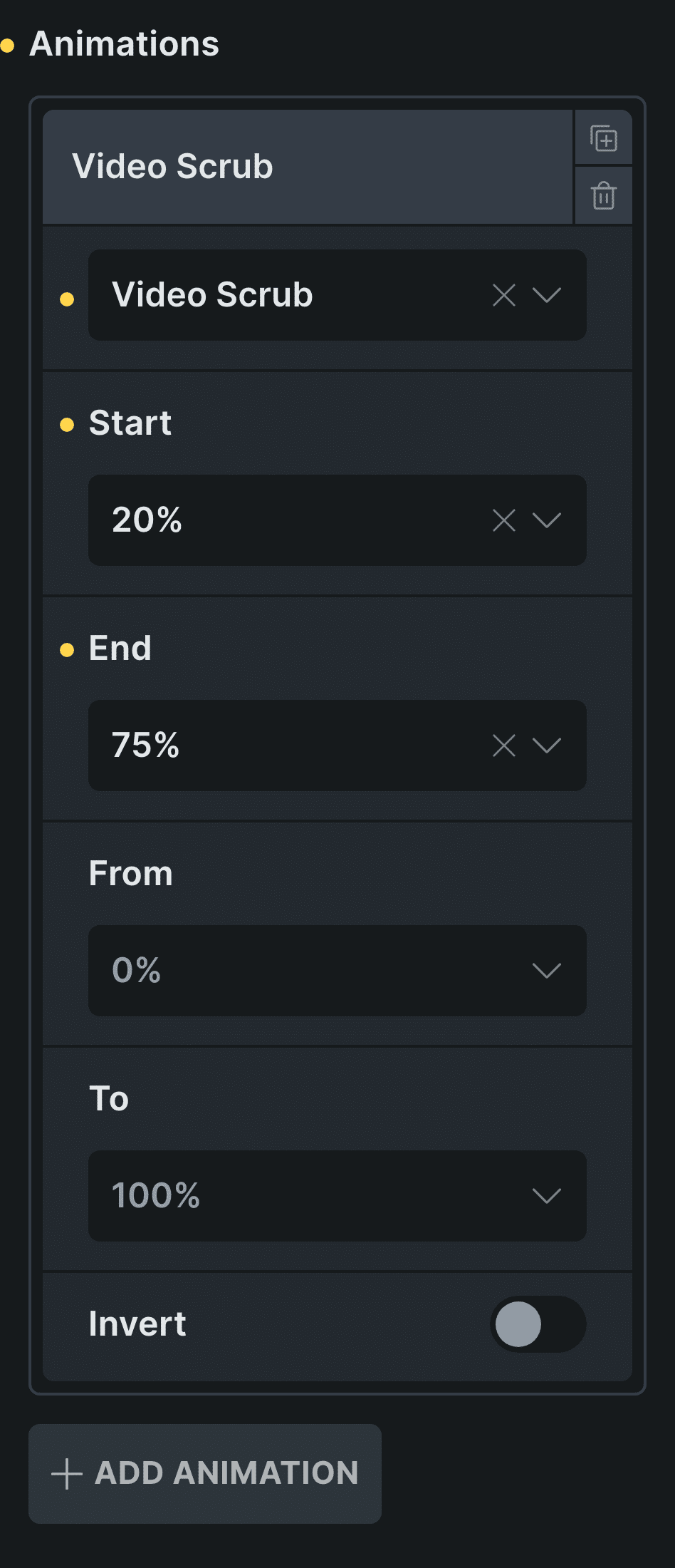 The Animations repeater of ScrollTrigger Animations in Bricks with a Video Scrub row, Start 20% and End 75%